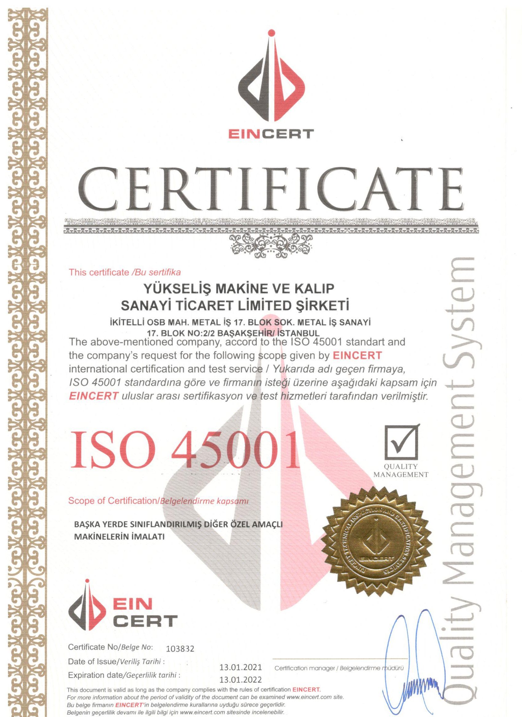 ISO 45001 /YUKSELIS TECH
